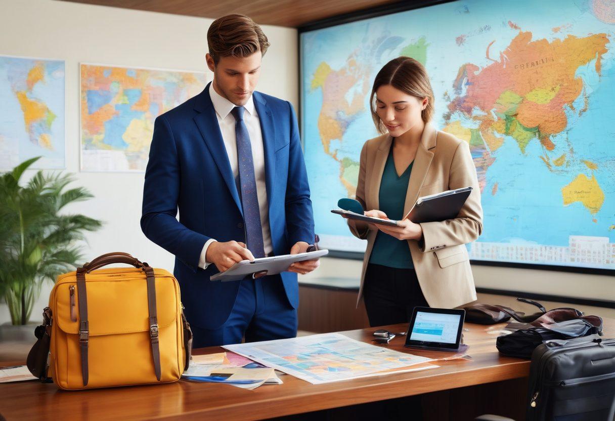 A collage of diverse travelers examining various insurance policies in a bright, engaging office setting. Include elements like maps, luggage, and travel gadgets to emphasize exploration. Incorporate contrasting travel scenarios: a family vacation, a solo backpacker, and a business traveler, reflecting their unique insurance needs. Add dynamic visuals of policies with checkmarks and comparisons, illustrating informed choices. vibrant colors. 3D. super-realistic.