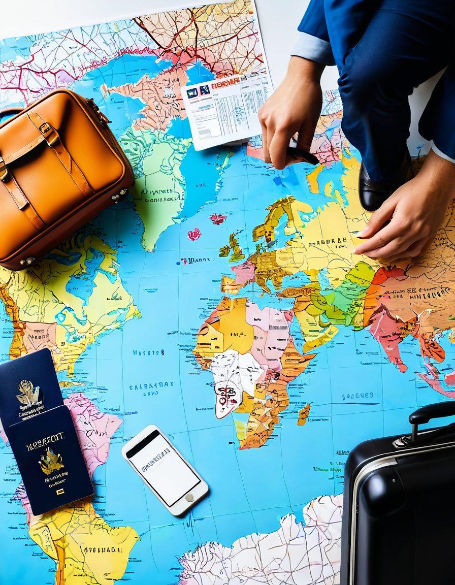 A traveler holding a colorful map with a suitcase beside them, surrounded by various travel essentials like a passport, tickets, and a smartphone displaying a travel insurance policy. In the background, a world map adorned with iconic landmarks like the Eiffel Tower, pyramids, and the Great Wall, symbolizing global travel. Bright and welcoming colors invoke a sense of adventure and security. super-realistic. vibrant colors. white background.